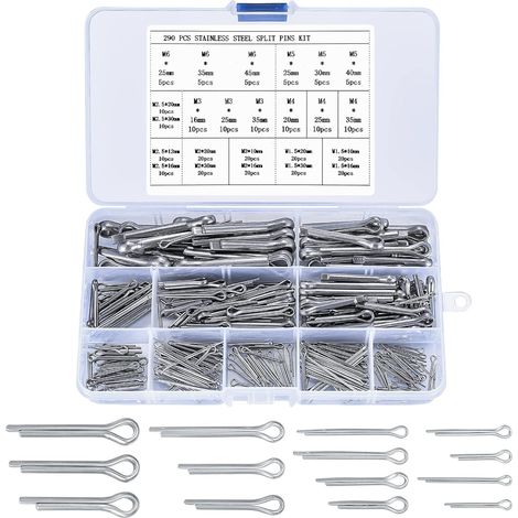 290 Pièces Coffret de Goupilles Fendues, Goupilles Fendues Acier Inoxydable, Goupilles Clips Fendues de Sécurité à Ressort de Verrouillage pour Voitures (1/5)