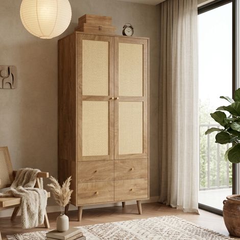 Armoire de chambre, 80x50x180 cm, penderie dressing avec 2 tiroirs et étagères, effet bois foncé, style cannage boho, Naturel (1/5)
