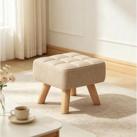 Reposapiés cuadrado tapizado en tela, asiento capitonado, 27 x 27 x 26 cm, marrón claro DESVIAE (1/5)