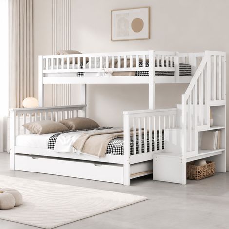 Etagenbett 90x200/140x200 cm weiß aus Kiefer und MDF mit Ausziehbett, Stauraum und Treppe (1/5)