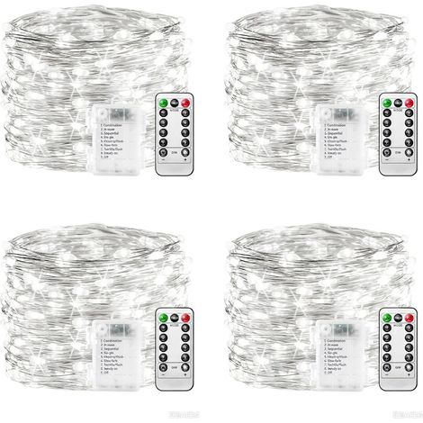 plainshe Lot de 4 guirlandes lumineuses à piles - Blanc - 10 m - 100 LED - Micro guirlande lumineuse d'extérieur étanche - 8 modes - Télécommande - Minuterie - Pour sapin de Noël, extérieur, intérieur (1/5)