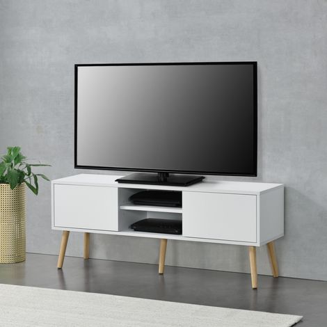 Mesa de Tele Eskilstuna con 2 Puertas 2 Estantes Aglomerado/Madera 120 x 30 x 47 cm Blanco [en.casa] (1/5)