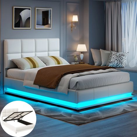 Lit Rembourré 140 X 190 avec éclairage LED,Lit Coffre avec Rangement Hydraulique,Cadre de lit double avec sommier à lattes,PU Blanc (1/5)