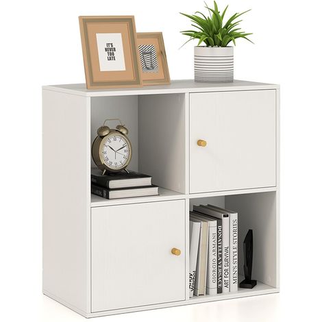 COSTWAY Bibliothèque 4 Cubes, Étagère 3 Niveaux avec 2 Compartiments Ouverts, 2 Armoires, Étagère de Rangement avec 2 Kits Anti-Basculement, pour Bureau, Salon, Chambre, 60 x 29 x 60 cm, Blanc (1/5)
