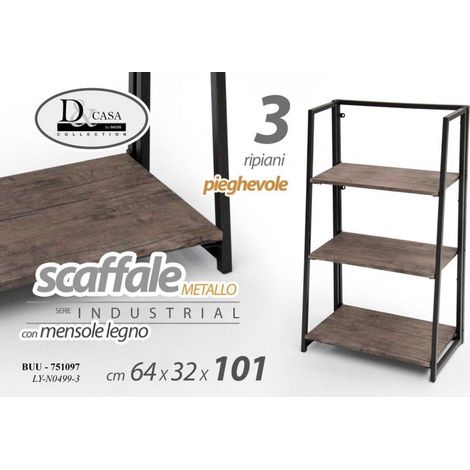 Libreria scaffale urban industrial 3 ripiani cm 63.5 x 30 x 101 h