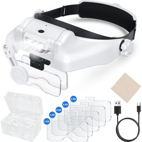 Lupas de diadema con luz LED y 5 lentes desmontables (1.0X, 1.5X, 2.0X, 2.5X y 3.5X) para trabajos de precisión, lectura y reparación de relojes. (1/5)