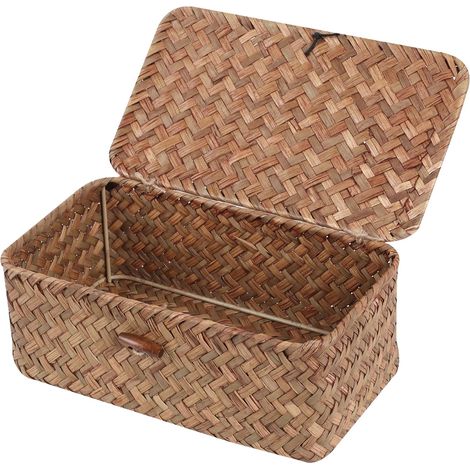 Paniers de rangement rectangulaires en osier avec couvercle, en jonc de mer tissé à la main pour étagères, bureau, maison (Coffee, X-Small) (1/5)