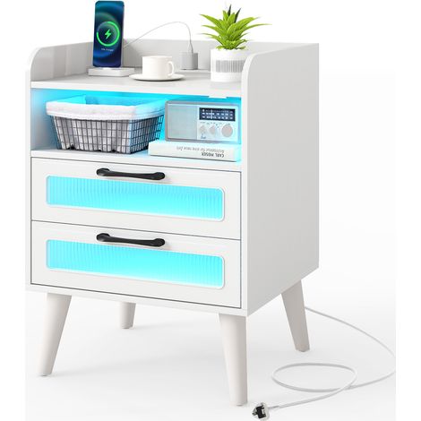 COSTWAY Mid Century Modern Bedside Table Nightstand w/Charging Station-White (1/5)