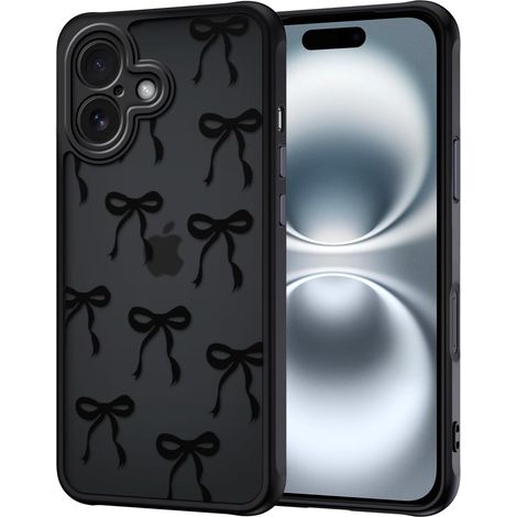 Coque pour iPhone 16, Aesthetic Papillon Nœud Motif Étui Translucide Mat Silicone TPU + PC Arrière Antichoc Anti-Jaune Housse Protection de la Caméra Bumper Case pour Filles Femme, Noir (1/5)
