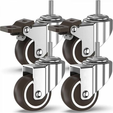 Roulettes pivotantes -4 à tiges filetées, roulettes pour meubles, roues à freins pour transport industriel de planches (50 mm avec tiges M10, 2 avec freins, 2 sans freins) (1/4)