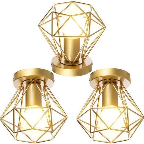 (3X) Plafonnier Rétro Lampe De Plafond D'Intérieur Vintage Or Luminaire Plafonnier Cage En Fer Métallique, Pour Cuisine, Bureau