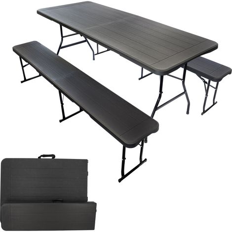 Ensemble table et bancs noirs effet bois - Long 180 cm - 8 Personnes - Poignée de transport - Table pliante et 2 bancs pliants (1/5)