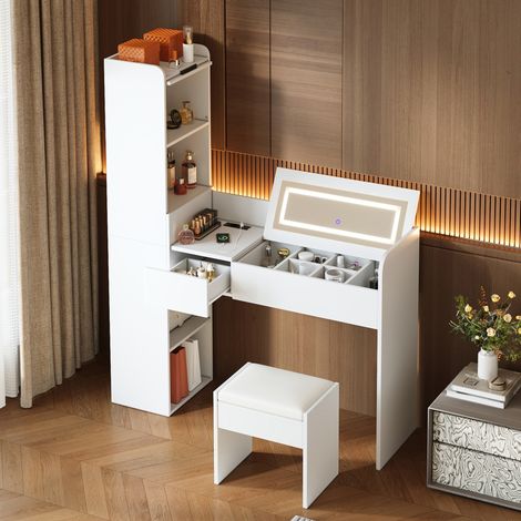 Tocador blanco con espejo LED abatible, puerto USB, armario lateral y taburete (1/5)