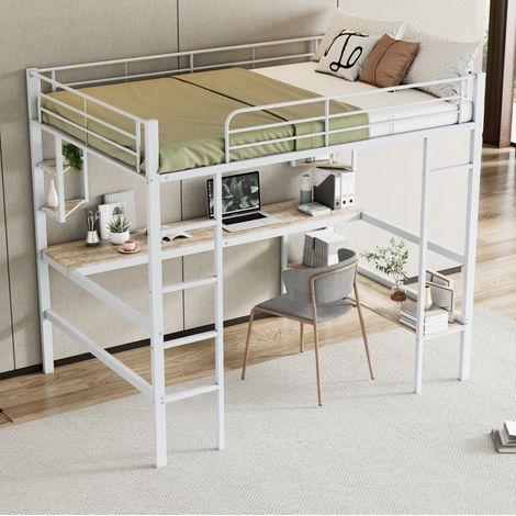 Letto a Soppalco 140x200 cm con Scrivania e Ripiani in Metallo Bianco (1/5)