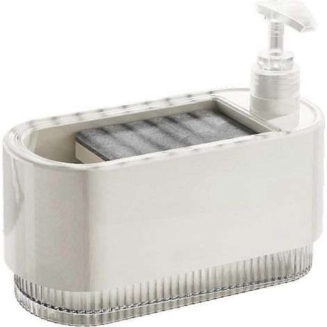2-in-1-Seifenspender für die Küchenspüle, bestehend aus einem Hand- und Geschirrspülmittelspender sowie einem Schwammhalter. (1/5)