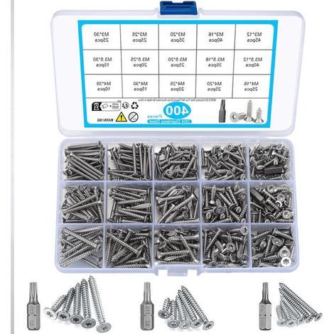 Surtido de 400 tornillos autorroscantes,tornillos Torx avellanados de acero inoxidable para madera y paneles de yeso,M3/M3.5/M4,12-35 mm (1/5)