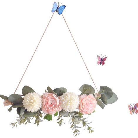 (Pivoine rose avec de petites boules blanches sur une seule branche) Décoration murale pivoine pour restaurants et cafés, sans papillons, une décoration murale vintage pour chambres avec des branches (1/4)