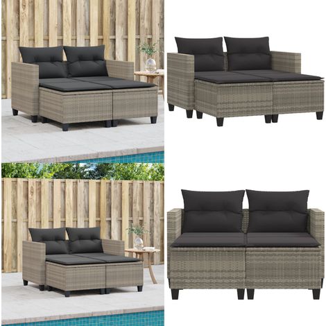 Canapé de jardin 2 places avec tabourets gris clair poly rotin - Canapé De Jardin - Mobilier De Jardin - Salon De Jardin - Résine Tressée - Pouf Pliable - Home & Living