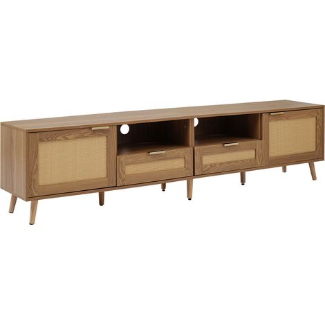 TV-Möbel aus Spanplatte in Eichenoptik mit Rattaneffekt-Details, 200 x 37 x 48,5 cm (1/5)