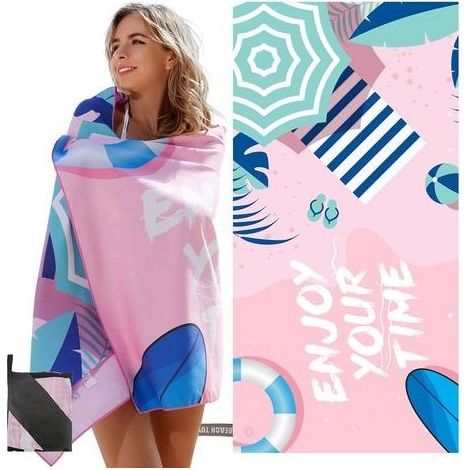 Toalla de Playa con Etiquetas UV, Alfombra de Playa, Material de Microfibra, Sin Arena, Secado Rápido, Diseño con Cuerda Elástica, 150×75cm, Rosa (1/5)