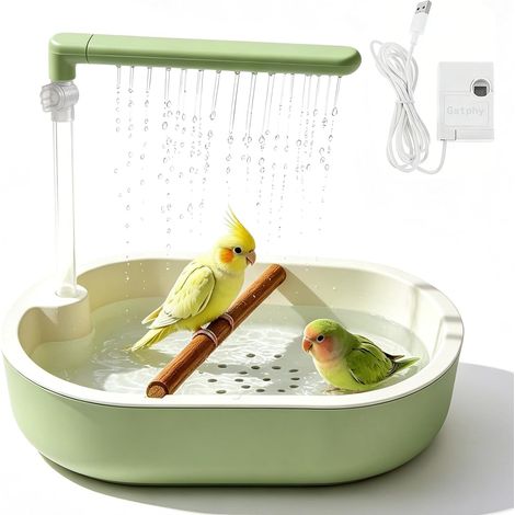 Baignoire pour oiseaux avec douche, bain d'oiseaux alimenté par USB avec circulation de l'eau, maison de bain pour oiseaux avec perchoir, fond antidérapant, pour perruches et petits oiseaux (1/5)