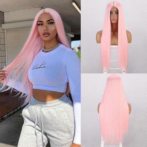Perruque synthétique NNZES 66 cm (26 pouces) de long, lisse, avec mèches blondes, raie au milieu, pour femme, cheveux noirs, bruns, rouges et gris.