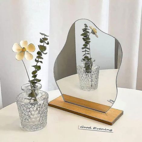 Miroir de maquillage en acrylique sans cadre, miroir de table de courtoisie décoratif, forme irrégulière avec base en bois pour (1/4)