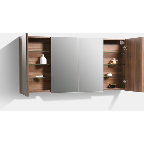 Stano. – Armoire murale de salle de bain 144 cm – Bloc-miroir haut de gamme pré-monté – 4 portes et 3 étagères en verre – Coloris noyer mélaminé (1/4)