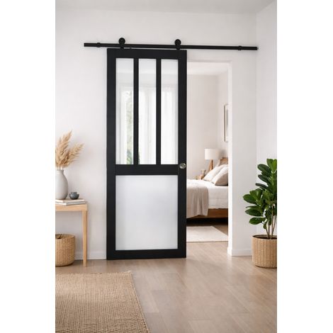 Porta Scorrevole Officina Nera e Finestra a Pannelli Bianchi H204 x L83 + Guida a Rullo Nera e 2 Gusci