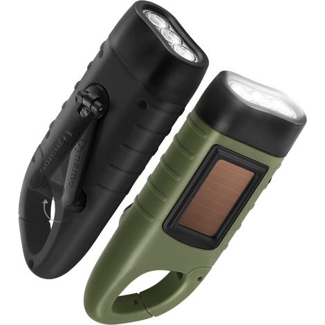 Lot de 2 lampes de poche à manivelle, lampe de poche d'urgence LED rechargeable à énergie solaire, torche dynamo de survie pour sports de plein air vert noir (1/5)