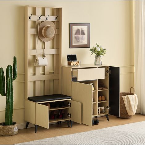 Set ingresso con attaccapanni, panca e mobile porta scarpe, MDF, legno chiaro, OKWISH (1/5)