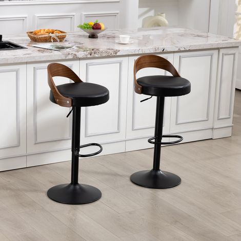 2er-Set 360° drehbarer Barhocker mit Rückenlehne aus schwarzem Walnussholz und Sitzpolster aus PU, höhenverstellbar. Geeignet für Küchen, Restaurants, Bars & ähnliche Räumlichkeiten(Black PU Leather) (1/5)