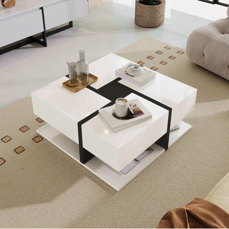 Table basse carrée 78x78x36 cm blanche en panneau de particules avec 4 tiroirs, finition brillante et rangement (1/5)