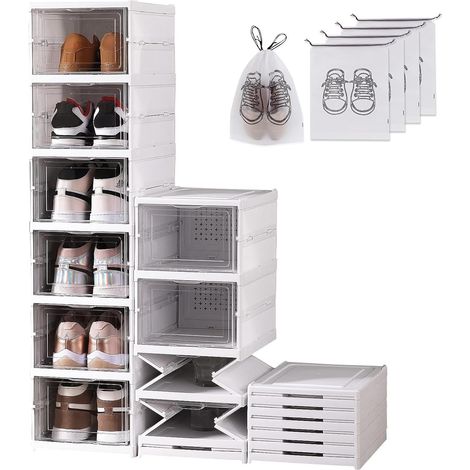Boite a Chaussure Transparente Rangement Chaussures Pliable Solide Etagere Chaussure Pour Pointure EU 45 Casier Organisateur Chaussures Folding Shoe Boxes 6pcs avec Couvercles Blanche (1/5)