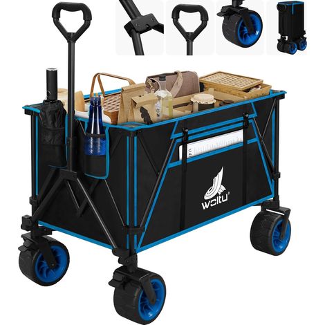 WOLTU Chariot de Jardin Pliable, Chariot de Tansport à roulettes Universelles, Tissu Oxford+Acier, Noir+Bleu (1/5)