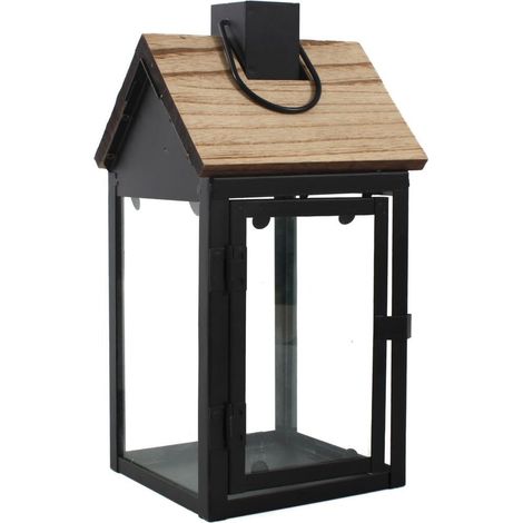 Lanterna casetta legno metallo, 14x14x32 cm (kit da 3)