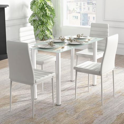 5-tlg. Essgruppe Sitzgruppe Esstisch mit 4 Stühlen, modernes Design, Glastisch, Weiß