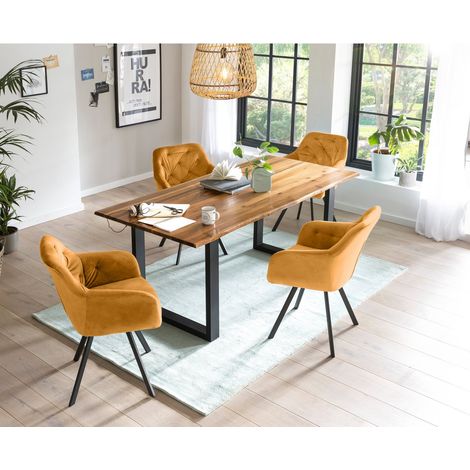 Ensemble Salle à Manger Table 160x85 cm en Acacia Massif et 4 Fauteuils Pivotants en Velours - PANGIVO (1/5)