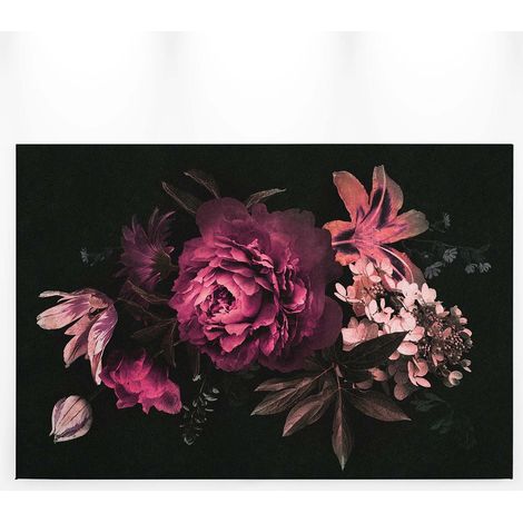 Tableau à fleurs roses & violettes sur fond noir | Tableau fleuri élégant pour salon | Tableau sur toile idéal couloir & bureau - 0,9 x 0,6 m (1/5)