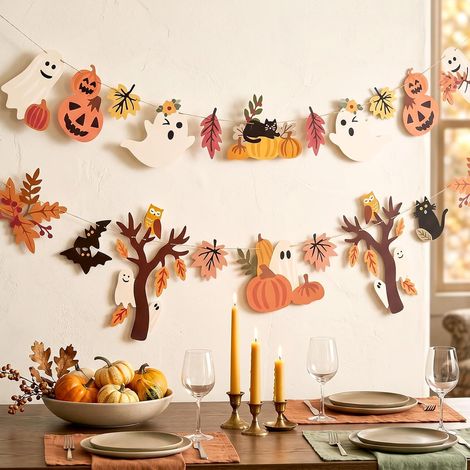 Guirlandes en papier 5 m Halloween fantômes et feuilles, lot de 2, déco automne fête et plafond (1/5)