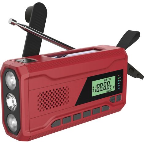 Radio d'urgence portable DAB/FM avec récepteur solaire, dynamo à manivelle, haut-parleur Bluetooth et lampe torche LED pour une utilisation en extérieur. (1/5)