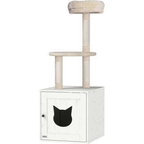 2-in-1-Katzenbaum, 129 cm, mit Katzentoilettenabdeckung, Spielturm und Kratzstämmen, cremefarben