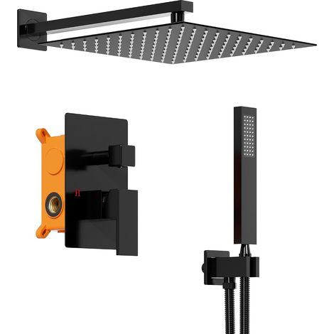 Douche Encastrable avec Pomme de Douche Pluie 30 cm, Noir Mat (1/5)