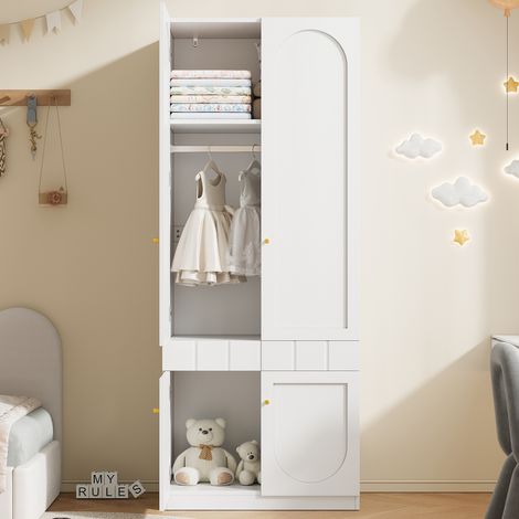 Armadio guardaroba in MDF bianco laccato 80 x 50 x 200 cm, 2 ante, cassetti push-pull e vano appendiabiti