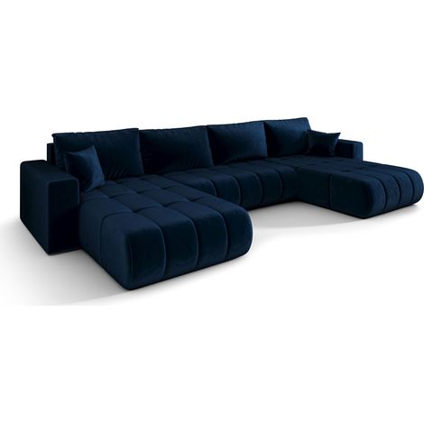 Canapé d’angle velours panoramique convertible avec coffre KAEL-Bleu foncé (1/5)