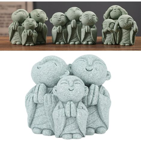 Estatua de Buda en miniatura hecha de arenisca verde con 3 pequeños monjes, decoración para acuario, hogar zen y oficina. (1/5)