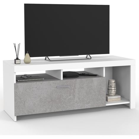 Idmarket – Meuble TV 110 cm blanc avec placard effet béton – Dimensions 110x40x45 cm – Panneaux de particules – Style moderne et élégant