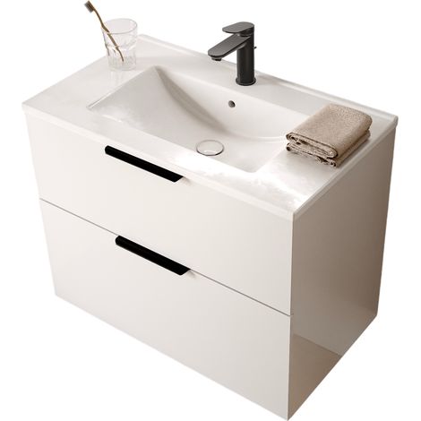 Waschtischunterschrank Bernstein TIM 80cm mit Waschbecken Weiß glänzend Metallgriff Schwarz matt