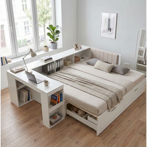 Cama doble en L 180x200 cm de madera y MDF blanco con escritorio y almacenaje - MEUBLIV (1/5)