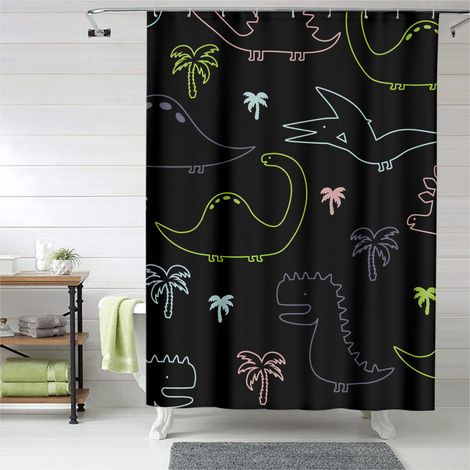 Rideau de douche motif dinosaures dessin animé, polyester, 150x180 cm (1/5)